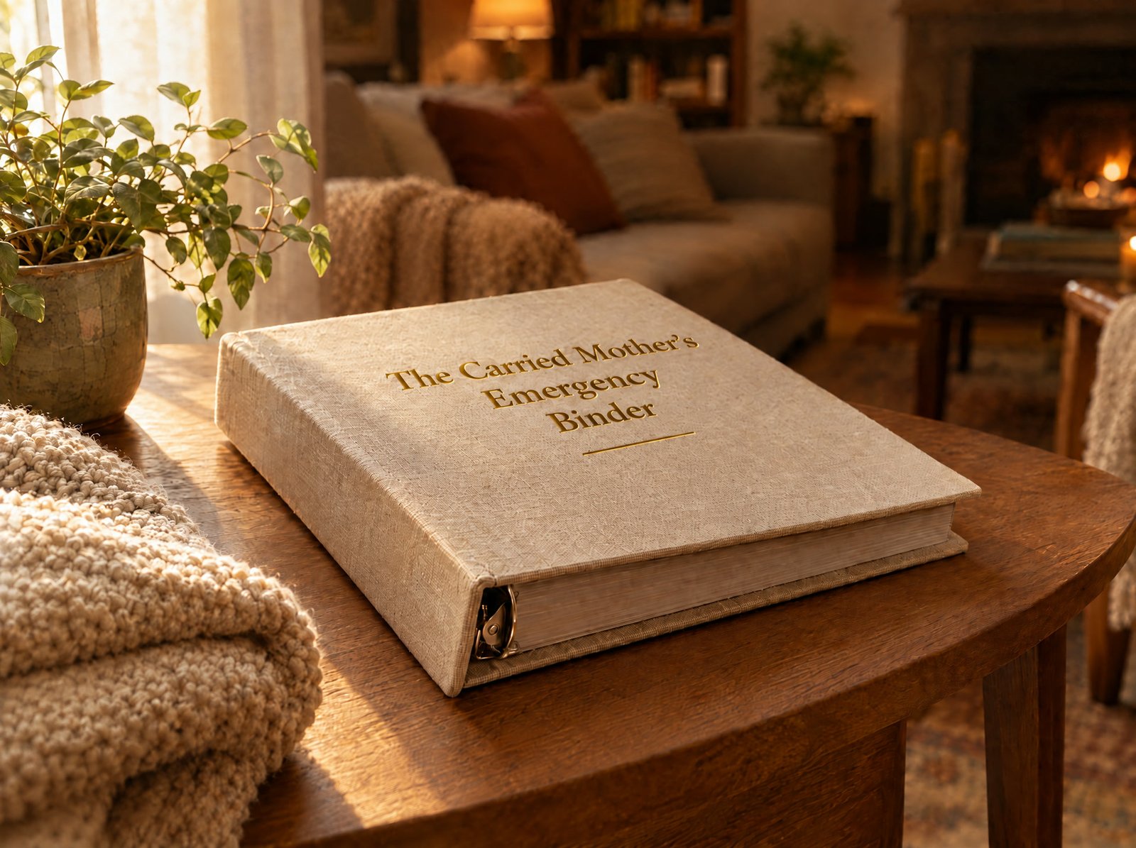 A linen-covered binder resting on a table beside a folded blanket, warm window light across it.