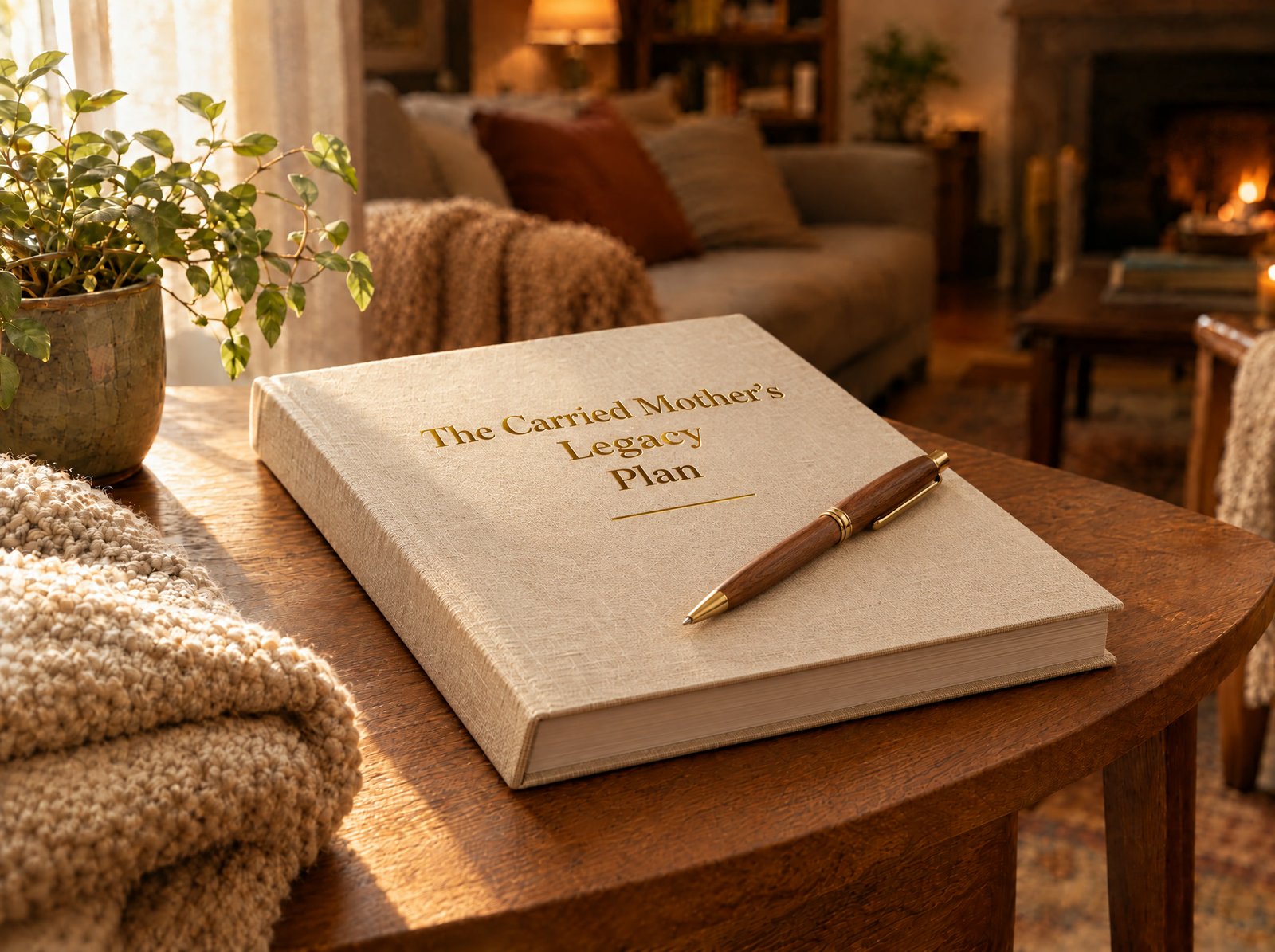 An ivory workbook titled The Carried Mother's Legacy Plan, lying on a wooden table in morning light with a pen resting on it.
